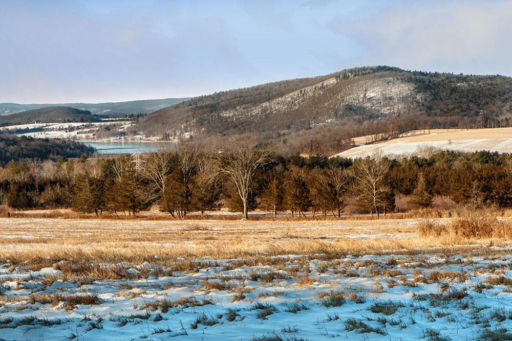 field in winter with hill in the distance