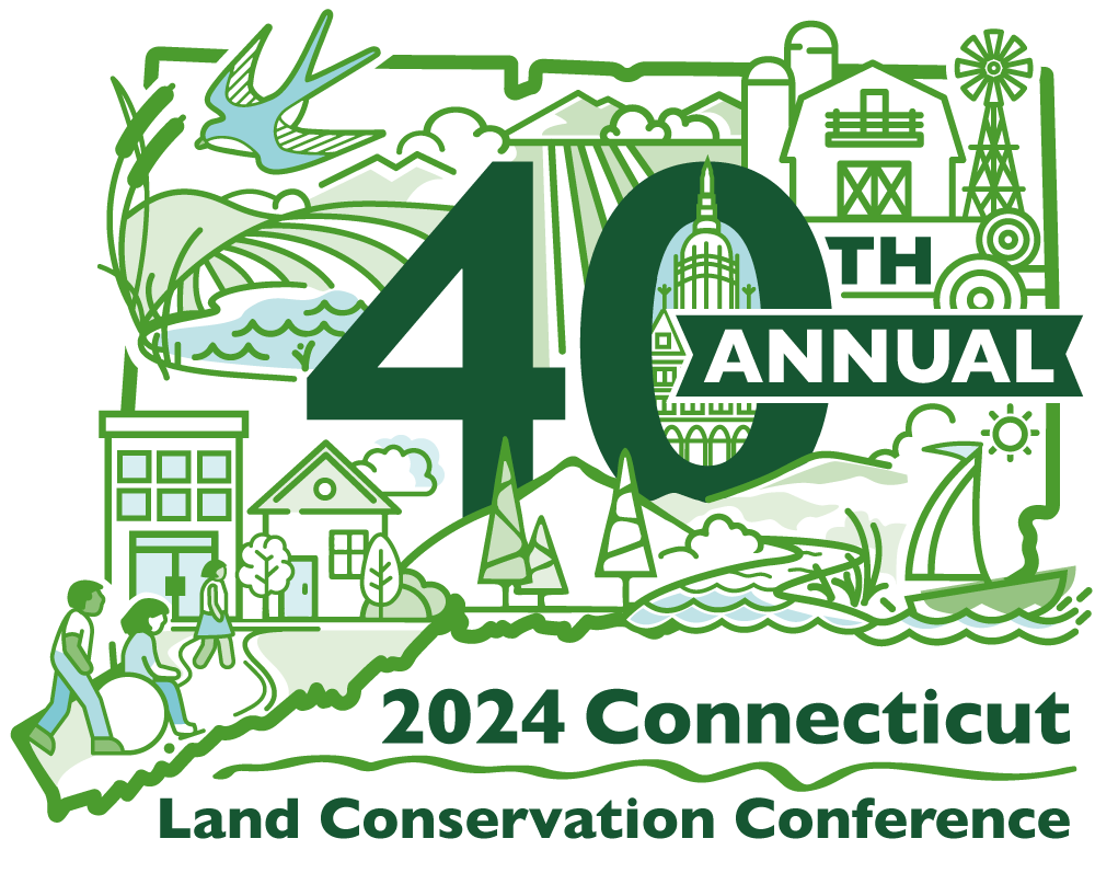 CT state outline filled with graphics that represent land conservation themes, and the text "40th annual 2024 Connecticut Land Conservation Conference"