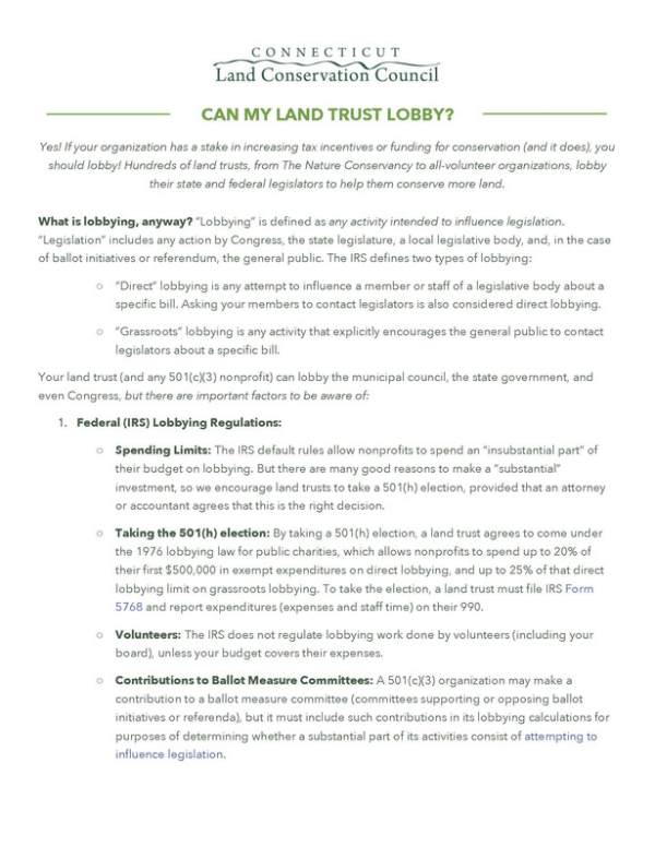 Cover of "Can My Land Trust Lobby?" document