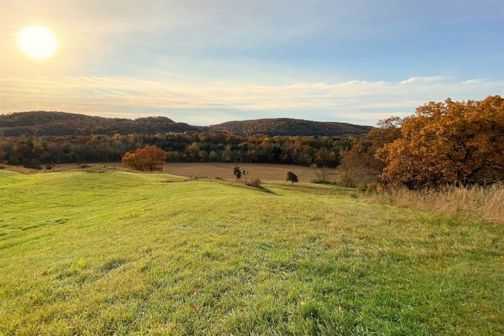 Fall foliage and rolling hills at a preserve on a crisp autumn day