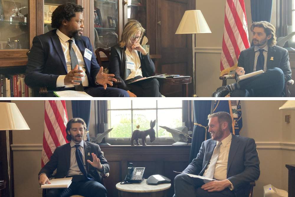 Split photo with top being Jovan Bryan speaking with Congressman Larson's aide and the bottom with Aaron Lefland speaking with Congressman Larson's Aide