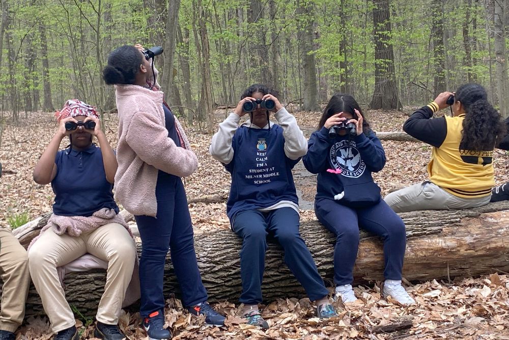 Keney Park Hike Middle Schoolers Looking Through Binoculars ABP