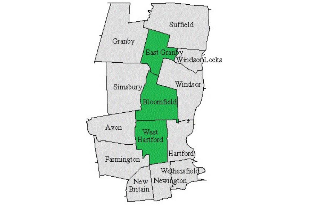 Map of towns with East Granby, West Hartford