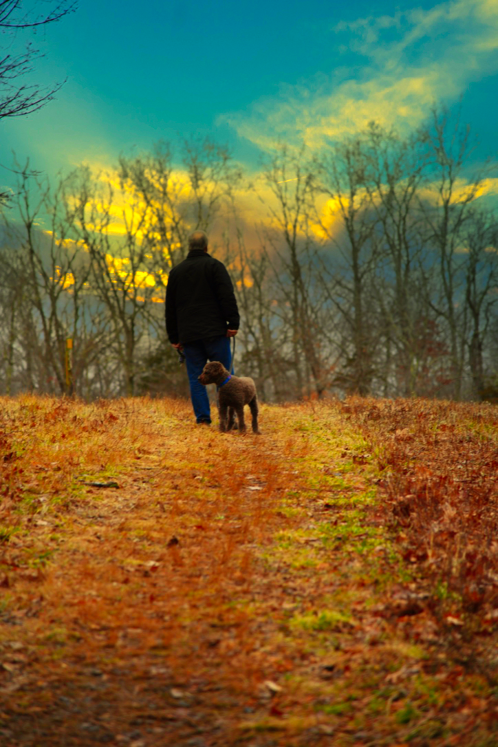 man with dog looking into the distance