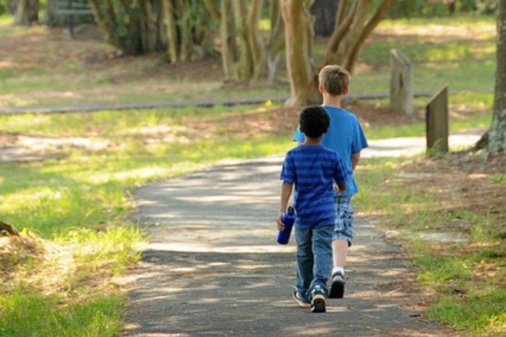 two boys walking on a path through trees