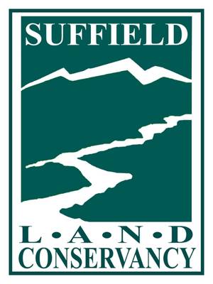 Green background and white mountain and river outlines with Suffield Land Conservancy text