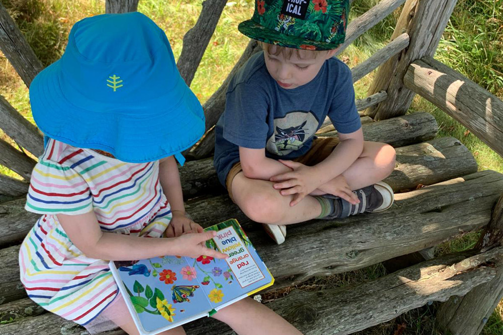 Two children reading a nature book