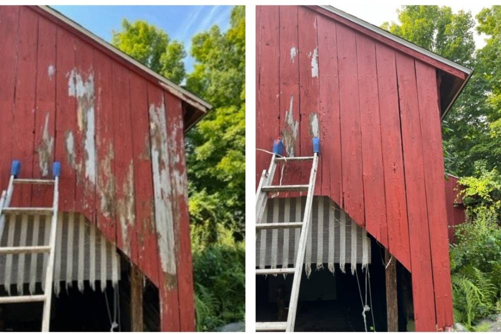 Before and after paint job of a red barn
