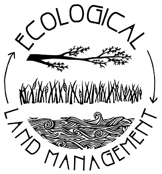 Black and white logo of water, grass, and tree branch for Ecological Land Management