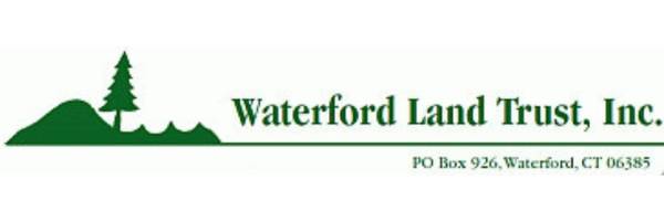 Green mountain and tree with Waterford Land Trust, Inc. and mailing address text